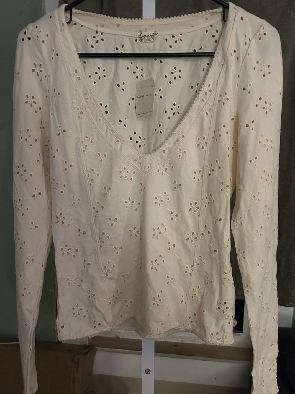 Free People Eyelet V-Neck Long Sleeve Top in Eggnog